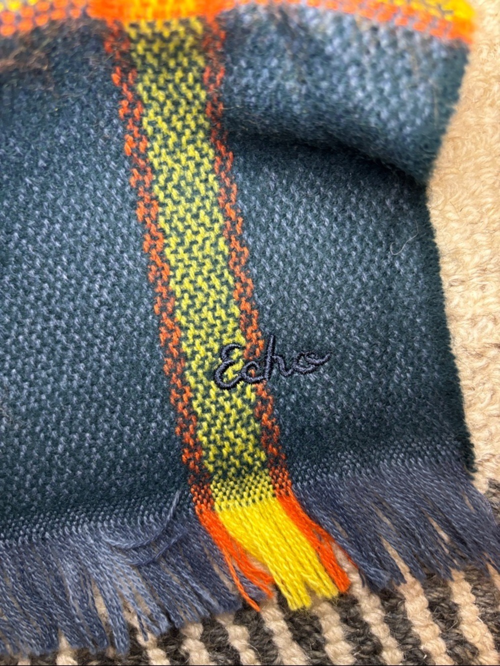 Echo Plaid Scarf Navy Yellow Tartan Fringe Wrap - Picture 12 of 12